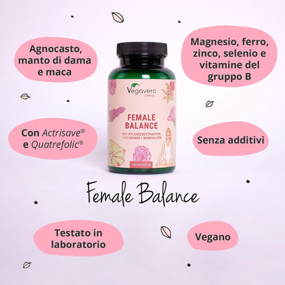 FEMALE BALANCE | 180 capsule | per Squilibrio Ormonale con Agnocasto, Maca, Magnesio, Acido Folico, Vitamine e Minerali | Amenorrea e PMS | Vegan e Senza Additivi | Vegavero®