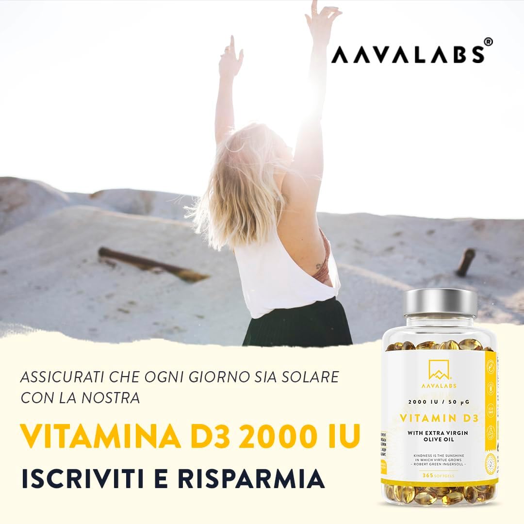 Vitamina D3 2000 UI [Fornitura di 1 Anno] - Integratore Vitamina D 2000 UI con Olio EVO per assorbimento ottimale - Non OGM - Contribuisce alla funzione ossea, muscolare e immunitaria - 365 Capsule