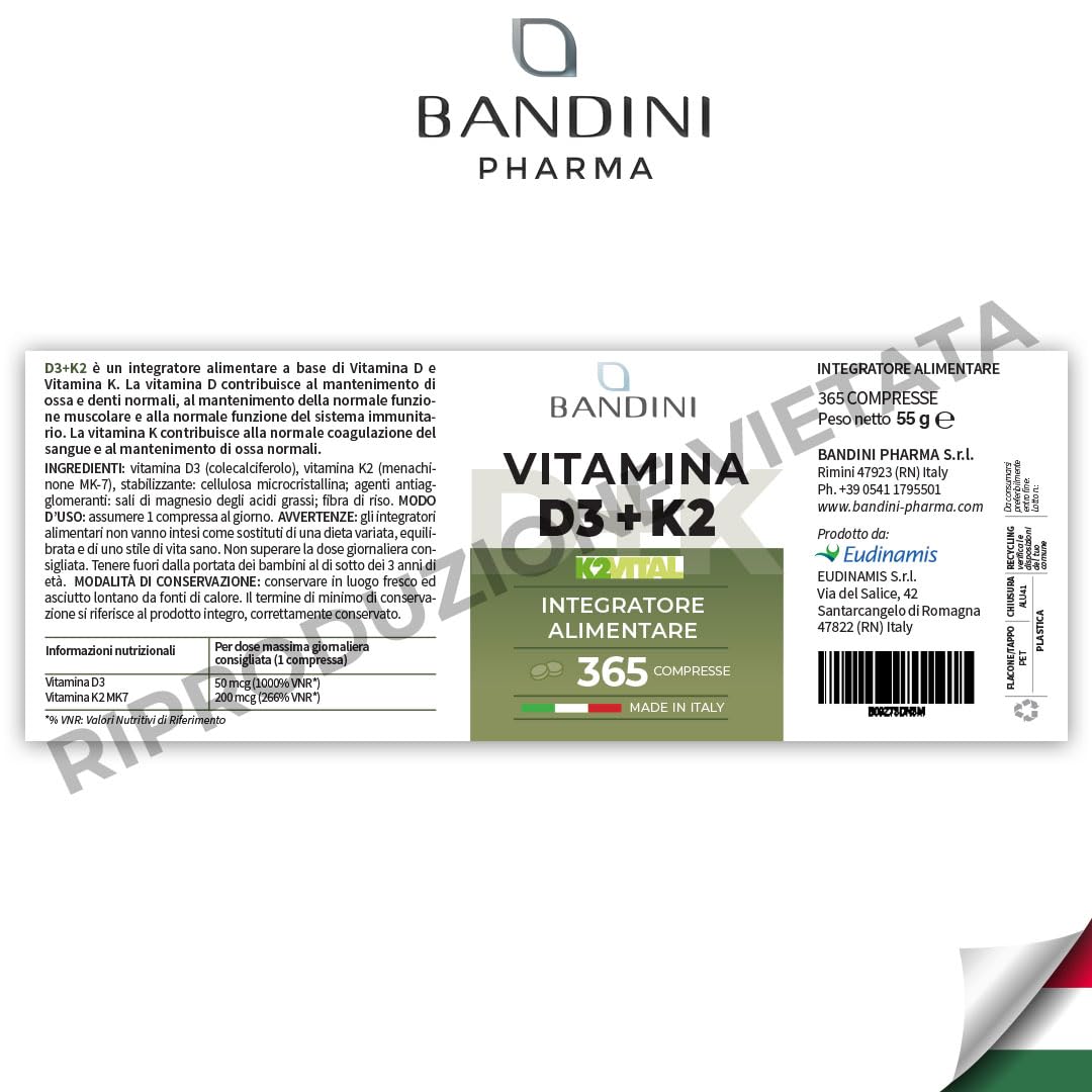 Bandini® Vitamina D3 K2 | 365 COMPRESSE (12 Mesi) | Vitamina D3 2000 UI + 200 mcg Vitamina K2 | K2 MK-7 99% All Trans (K2VITAL®) | Per Ossa, Denti, Muscoli, Articolazioni & Sistema Immunitario