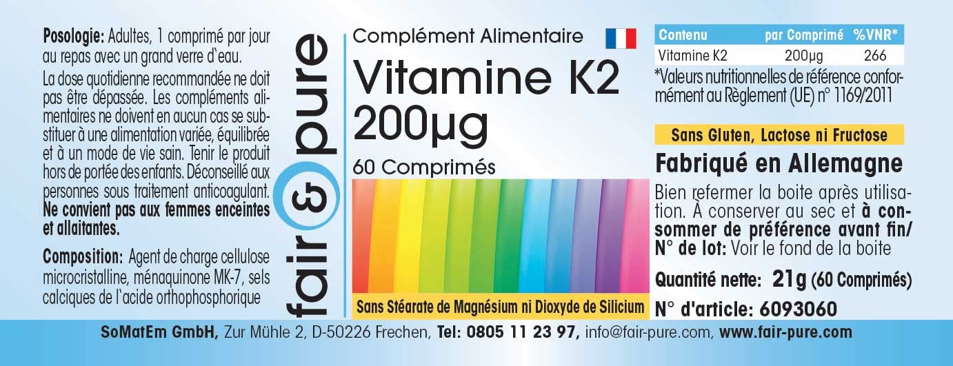 Fair & Pure® - Vitamina K2 200µg - Menaquinone MK7 - Vegan - 60 Compresse