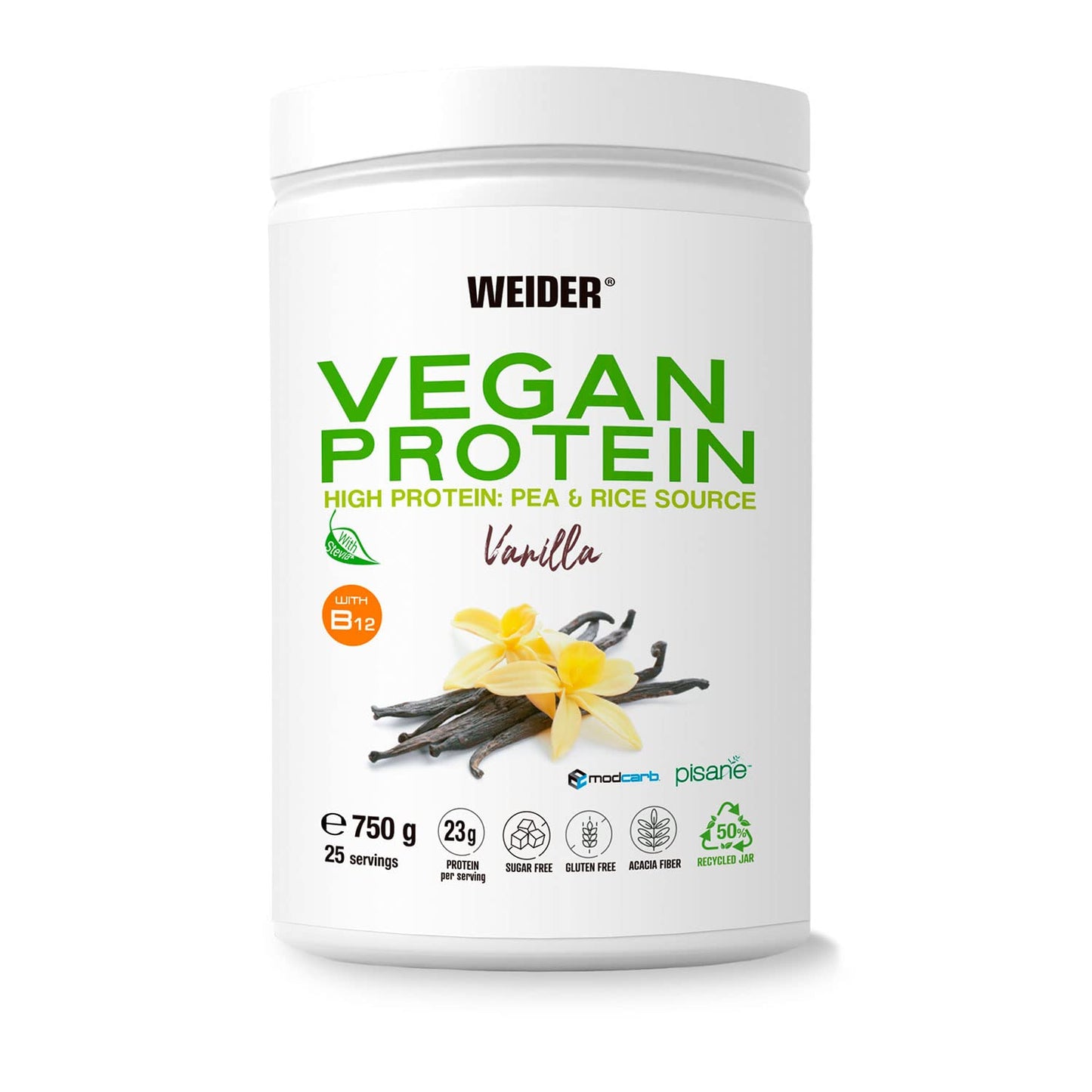 Weider Vegan Protein (750g) Gusto Cappuccino. Proteine Vegane 23g/dose isolate di piselli e riso, Con Vitamina B12 e Stevia, Senza Glutine, Senza Zucchero, Contenitore 50% Riciclato, 100% Riciclabile