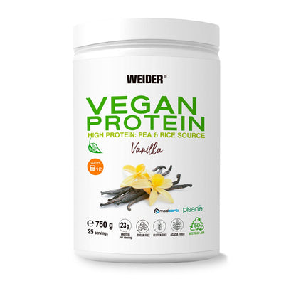 Weider Vegan Protein (750g) Gusto Cappuccino. Proteine Vegane 23g/dose isolate di piselli e riso, Con Vitamina B12 e Stevia, Senza Glutine, Senza Zucchero, Contenitore 50% Riciclato, 100% Riciclabile