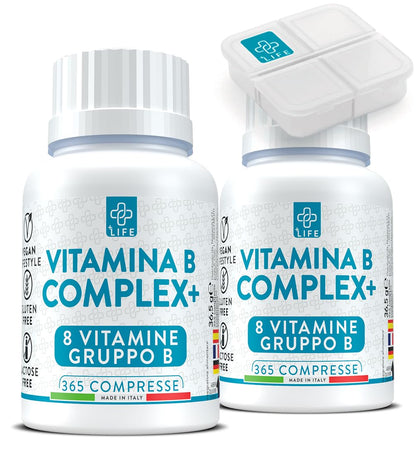 Vitamina B Complex Alto Dosaggio 365 Compresse PiuLife® Vitamina B6 B1 B2 B3 Niacina, B5, B8 Biotina, B9 Acido Folico, Vitamina B12, Vitamine Gruppo B Total Energia Capelli Difese Immunitarie