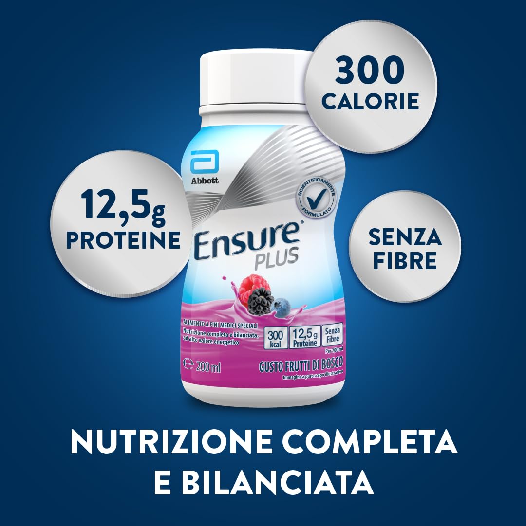 Ensure Plus Supplemento Nutrizionale Ipercalorico con Proteine, privo di Fibre |Formato bevanda| Alimento a fini medici speciali completo e bilanciato | Confezione 4x200ml Gusto Vaniglia