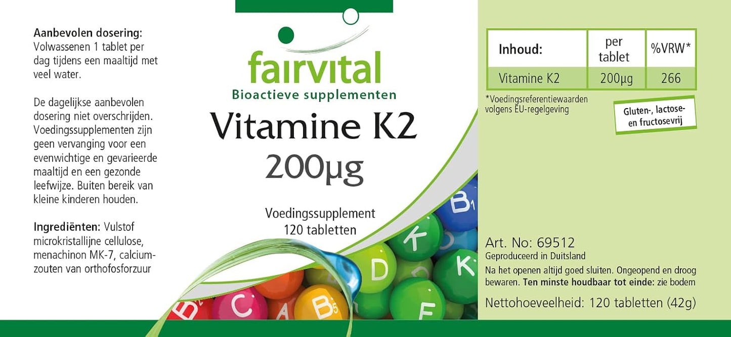 Fairvital | Vitamina K2 200mcg - 4 mesi - VEGAN - alto dosaggio - 120 compresse - menachinone da natto - MK-7