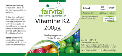 Fairvital | Vitamina K2 200mcg - 4 mesi - VEGAN - alto dosaggio - 120 compresse - menachinone da natto - MK-7