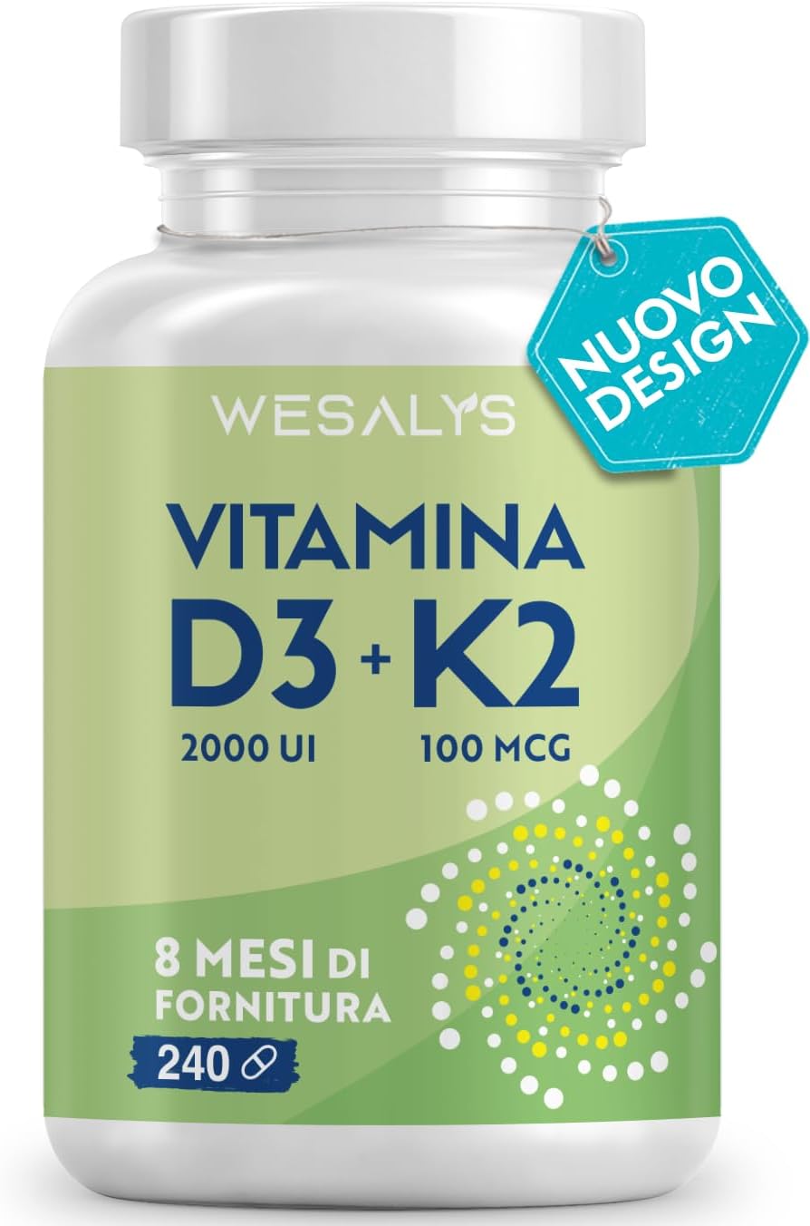 Vitamina D3 K2 240 Capsule (8 Mesi), Vitamin D3 2000 UI + 100 µg Vitamina K, Supporta Ossa, Articolazioni e Sistema Immunitario, Vit D3 Menachinone