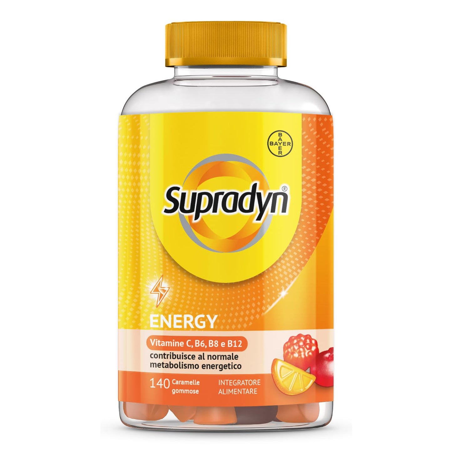 Supradyn Energy Multivitaminico Caramelle, Integratore Completo, con Vitamine A, B, C, D, E e Coenzima Q10, 70 Caramelle Gommose Multivitaminiche Gusto Ciliegia, Lampone e Arancia