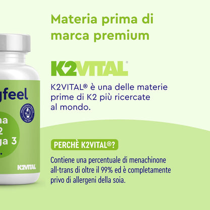 Vitamina D3 + K2 + Omega 3, 90 Capsule Softgel, 2000UI Vitamina D, 100 µg Vitamina K, 1000mg Olio di Pesce 400mg EPA e 300mg DHA, Vit D3 Colecalciferolo + Vit K2 MK7 99% (K2VITAL® di Kappa) + Fish Oil