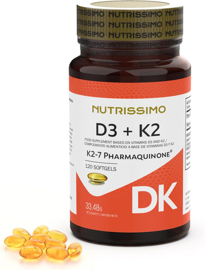 NUTRISSIMO Vitamina D e Vitamina K (D3+K2) | 120 Softgels | 2000 UI D3 + 100µg K2 (PHARMAQUINONE®) | Supporto per Ossa, Muscoli, Denti e Sistema Immunitario