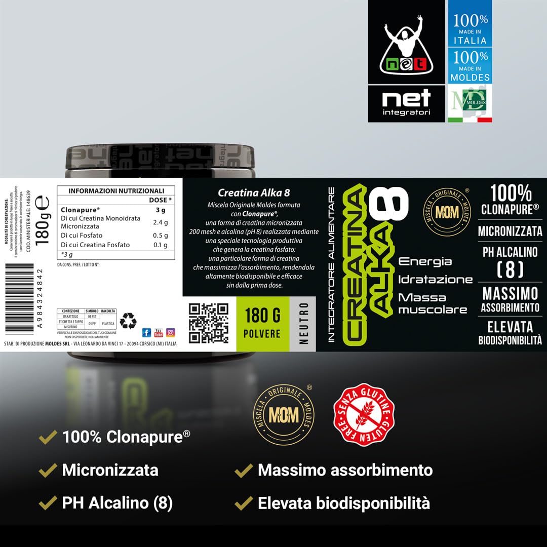 NET Integratori CREATINA ALKA 8-200g Arancia - Creatina Monoidrata Micronizzata Clonapure - Pre-Post Workout, Rapida Produzione Energetica, Contrasta Fatica e Massimizza la Crescita Muscolare