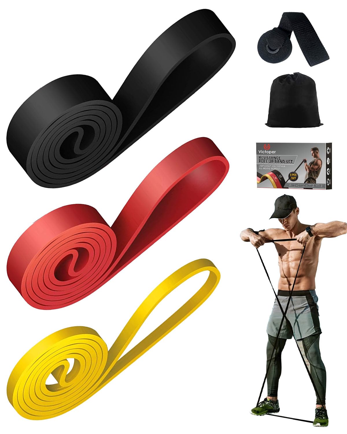 Victoper Elastici Fitness Set di 3 Bande Elastiche Fitness di Resistenza Diversi Livelli,Elastico Fitness con Ancoraggio alla Porta,Elastici Palestra Adatte per Uomo e Donna,Stretching,Pilates