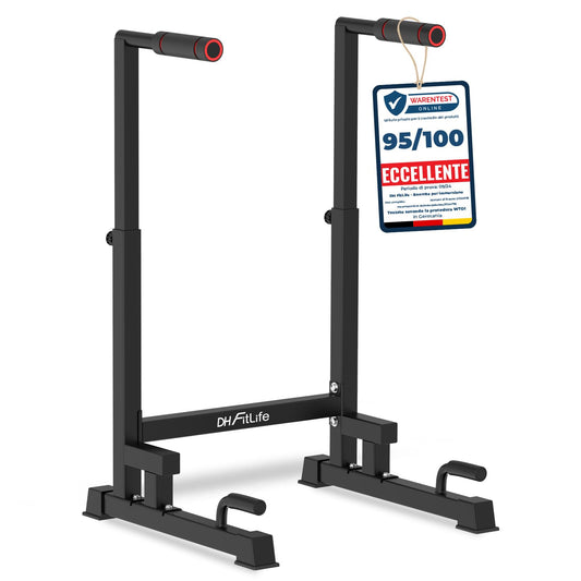 DH FitLife - Dip Parallele Calisthenics Robuste, Stabili e Versatili per Allenamento a Casa | Dip Station Regolabile in 2 Versioni: 3 o 9 Altezze, Ideale per Parallele Dip, Push Up e Sviluppo Forza