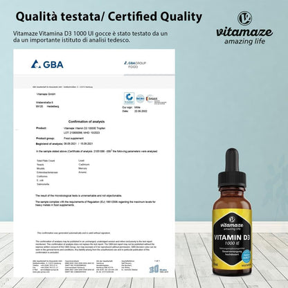 Vitamaze® Vitamina D3 Gocce 1000 UI, 50 ml (1750 Gocce) Alto Dosaggio, Colecalciferolo vegetariano, Alta Biodisponibilità, Qualità Tedesca, Naturale Pura Integratore senza Additivi non Necessari…