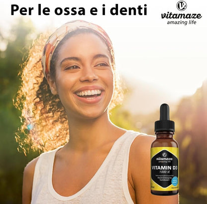 Vitamaze® Vitamina D3 Gocce 1000 UI, 50 ml (1750 Gocce) Alto Dosaggio, Colecalciferolo vegetariano, Alta Biodisponibilità, Qualità Tedesca, Naturale Pura Integratore senza Additivi non Necessari…