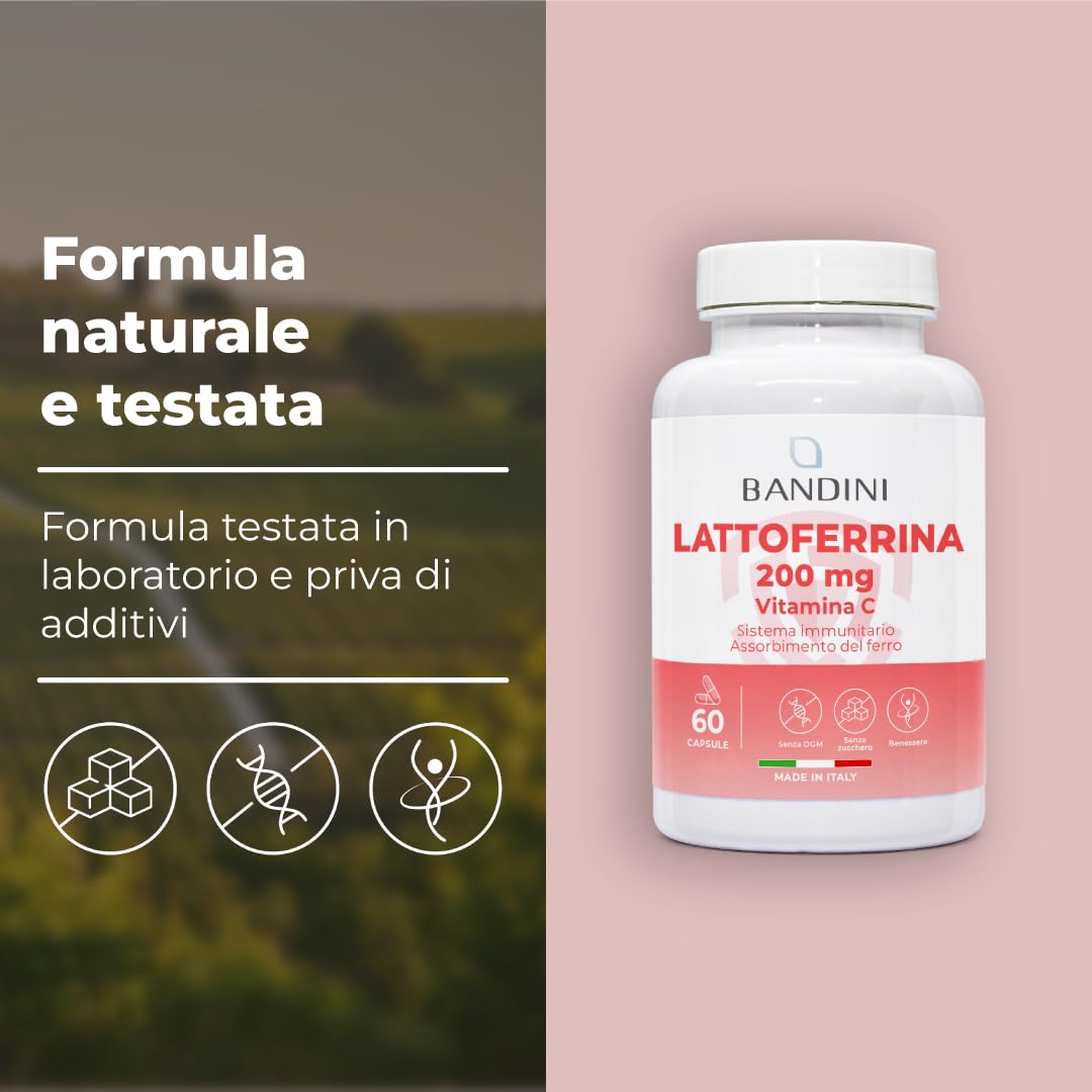 Bandini® LATTOFERRINA 200 Immuno - 200 MG di Lactoferrina per CAPSULA (60 capsule) – Integratore alimentare ad alto dosaggio con Vitamina C - Antiossidante naturale per il Sistema Immunitario