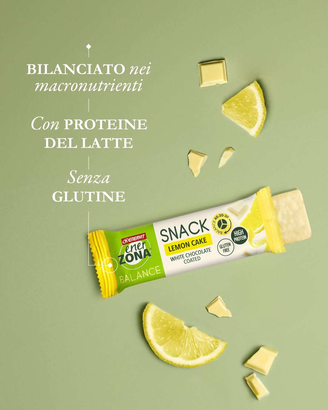 Enervit, Enerzona Protein Snack 40-30-30 Gusto Lemon Cake, 30 Barrette Proteiche da 33gr Dieta a Zona con Proteine del Latte e Fibre, per Mantenere il Tono Muscolare, Senza Olio di Palma