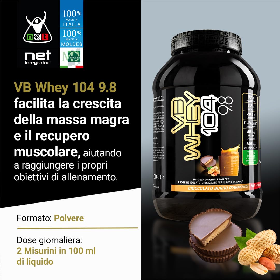 NET Integratori VB WHEY 104 9.8 Optipep - 900g Cioccolato - Proteine Isolate Idrolizzate per via Enzimatica Con EAA e BCAA - Massimizza Sintesi Proteica, Crescita e Mantenimento Muscolare