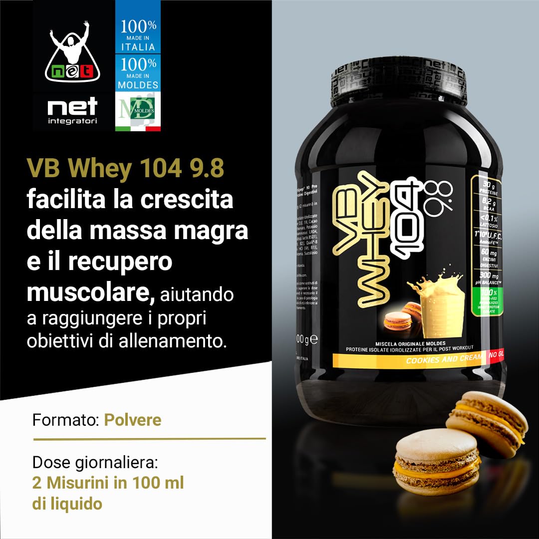 NET Integratori VB WHEY 104 9.8 Optipep - 900g Cioccolato - Proteine Isolate Idrolizzate per via Enzimatica Con EAA e BCAA - Massimizza Sintesi Proteica, Crescita e Mantenimento Muscolare