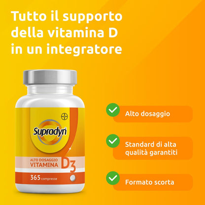 Supradyn Compresse di Vitamina D 2000 UI Alto Dosaggio (50 μg) - Integratore Vitamina D3 per il Supporto del Sistema Immunitario e la Salute delle Ossa - 365 compresse fornitura annuale