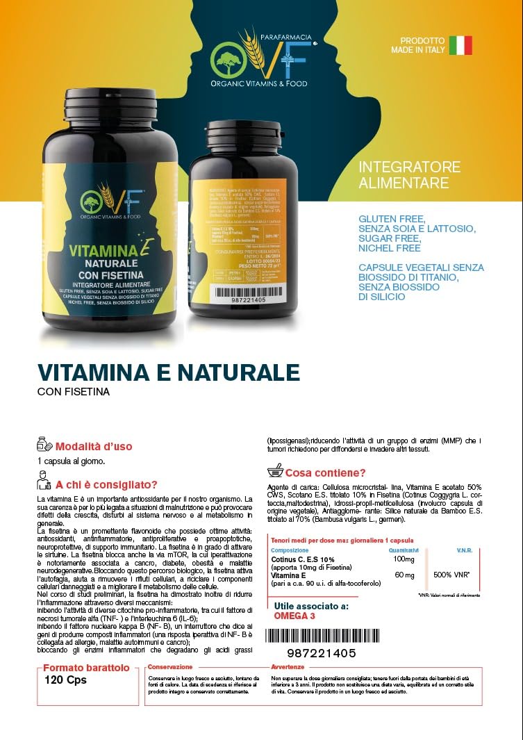 OVF Vitamina E Integratore con Fisetina - 120 Capsule 60mg - Antiossidante Naturale - Supporta il Benessere di Cuore, Cervello e Sistema Immunitario.