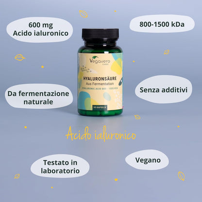 Acido Ialuronico Integratore | 600 mg | 800-1500 kDa | VEGAN | 100% NATURALE da fermentazione | 90 capsule | Hyaluronic Acid | Vegavero®