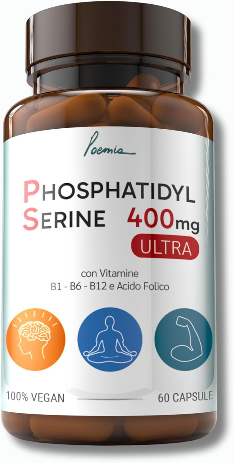 Fosfatidilserina Pura Ps 400mg Contrasta il Cortisolo Migliora Memoria e Concentrazione Riduce lo Stress Integratore con Vitamina B1 (Tiamina) B6 B12 Acido Folico 60 Capsule Poemia