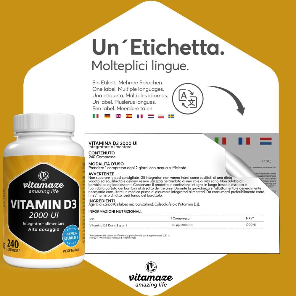 Vitamaze® Vitamina D3 240 compresse Alto dosaggio e vegetariana per più di 1 anno, 2000 UI, 50 mcg di colecalciferolo puro, integratore alimentare naturale senza additivi, Prodotto in Germania