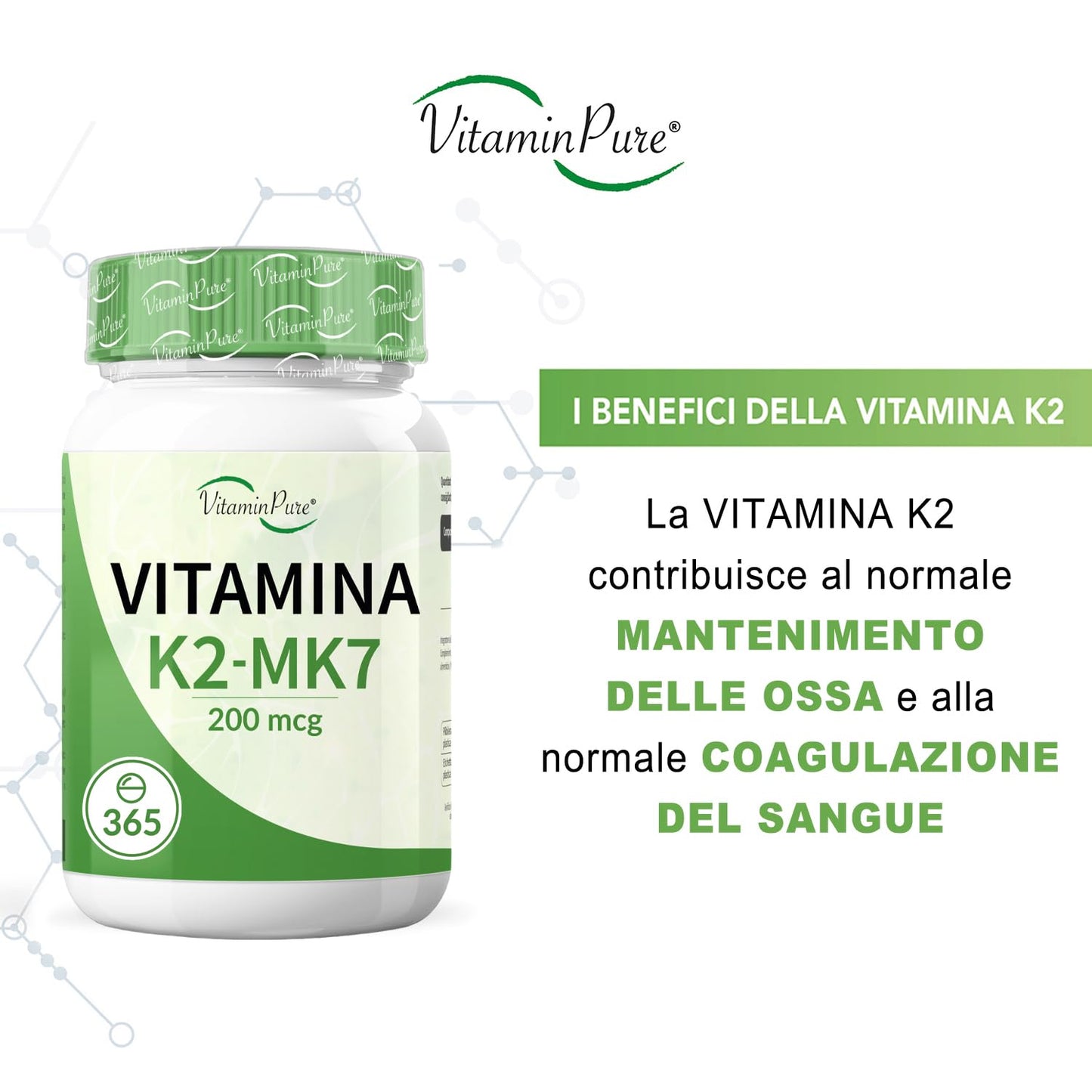 VitaminPure VITAMINA K2 MK-7 200mcg All Trans, 365 Compresse Vegane di Origine Naturale (Natto), Scorta 1 Anno, Vit K2 Menachinone MK-7