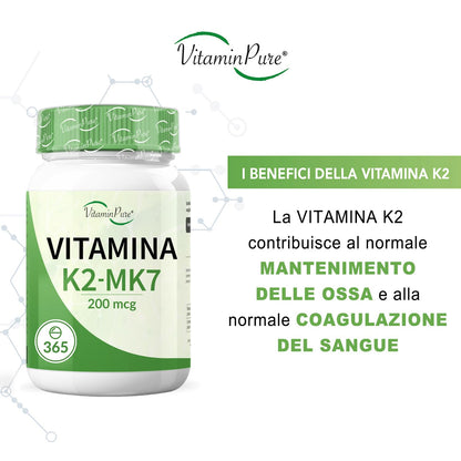 VitaminPure VITAMINA K2 MK-7 200mcg All Trans, 365 Compresse Vegane di Origine Naturale (Natto), Scorta 1 Anno, Vit K2 Menachinone MK-7