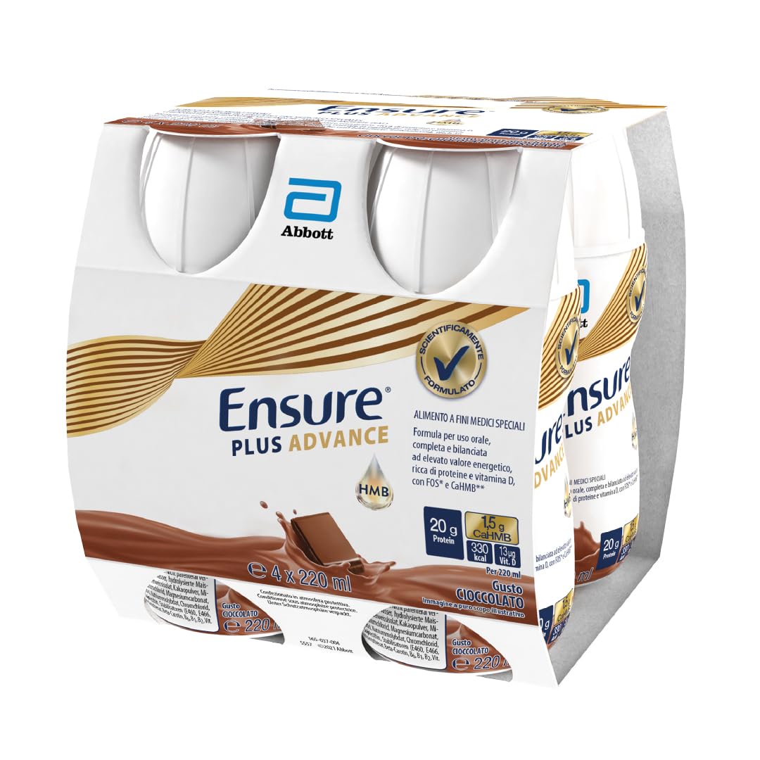 Ensure Plus Advance Supplemento Nutrizionale Ipercalorico ed Iperproteico |Formato bevanda| Alimento a fini medici speciali iperproteico| Confezione 4x220ml Gusto Cioccolato