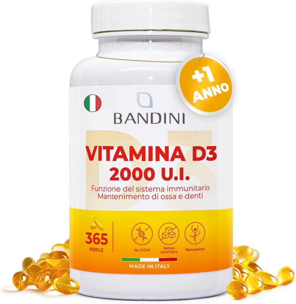 Bandini® Vitamina D3 2000 UI 365 Softgel | Alto Dosaggio 50μg | Vitamine D Colecalciferolo (Vit D) | IN OLIO D'OLIVA EXTRAVERGINE per Assorbimento Ottimale | Ossa, Denti, Muscoli, Sistema immunitario