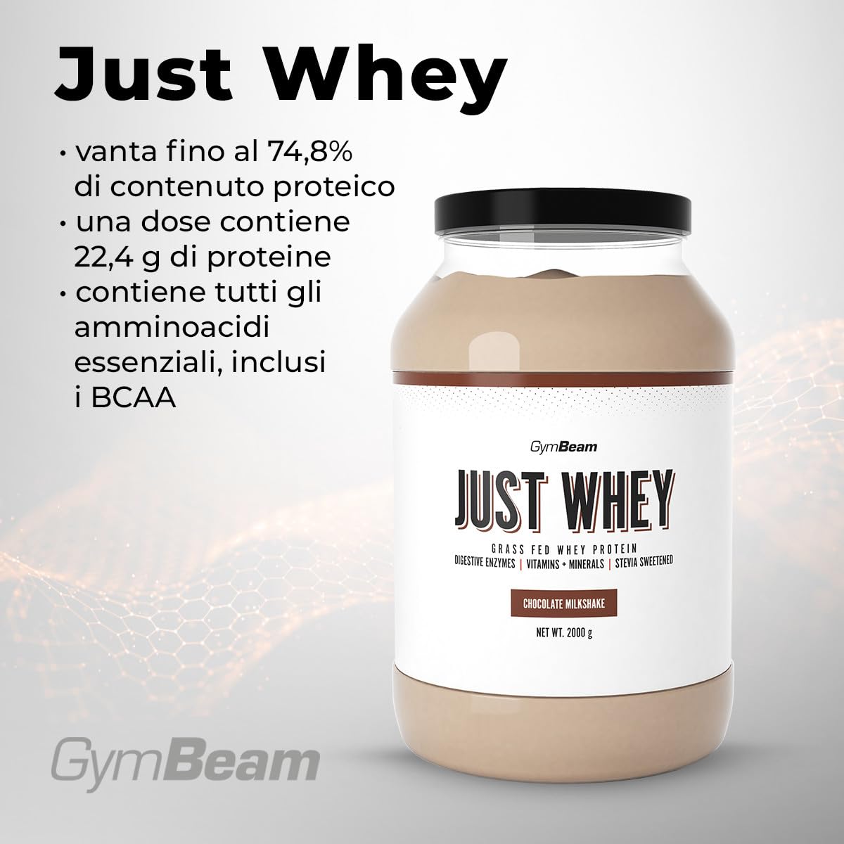 GymBeam Just Whey, Proteine in Polvere Multicomponente da Siero di Latte, Concentrato e Idrolizzato, 22,4g Proteine per Dose, con BCAA e Amminoacidi Essenziali (1000 g, Chocolate Milkshake)