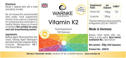 Vitamina K2 MK7 100 mcg (Menachinone naturale MK-7) - 100 capsule pure | Warnke Vitalstoffe - Qualità da farmacia tedesca