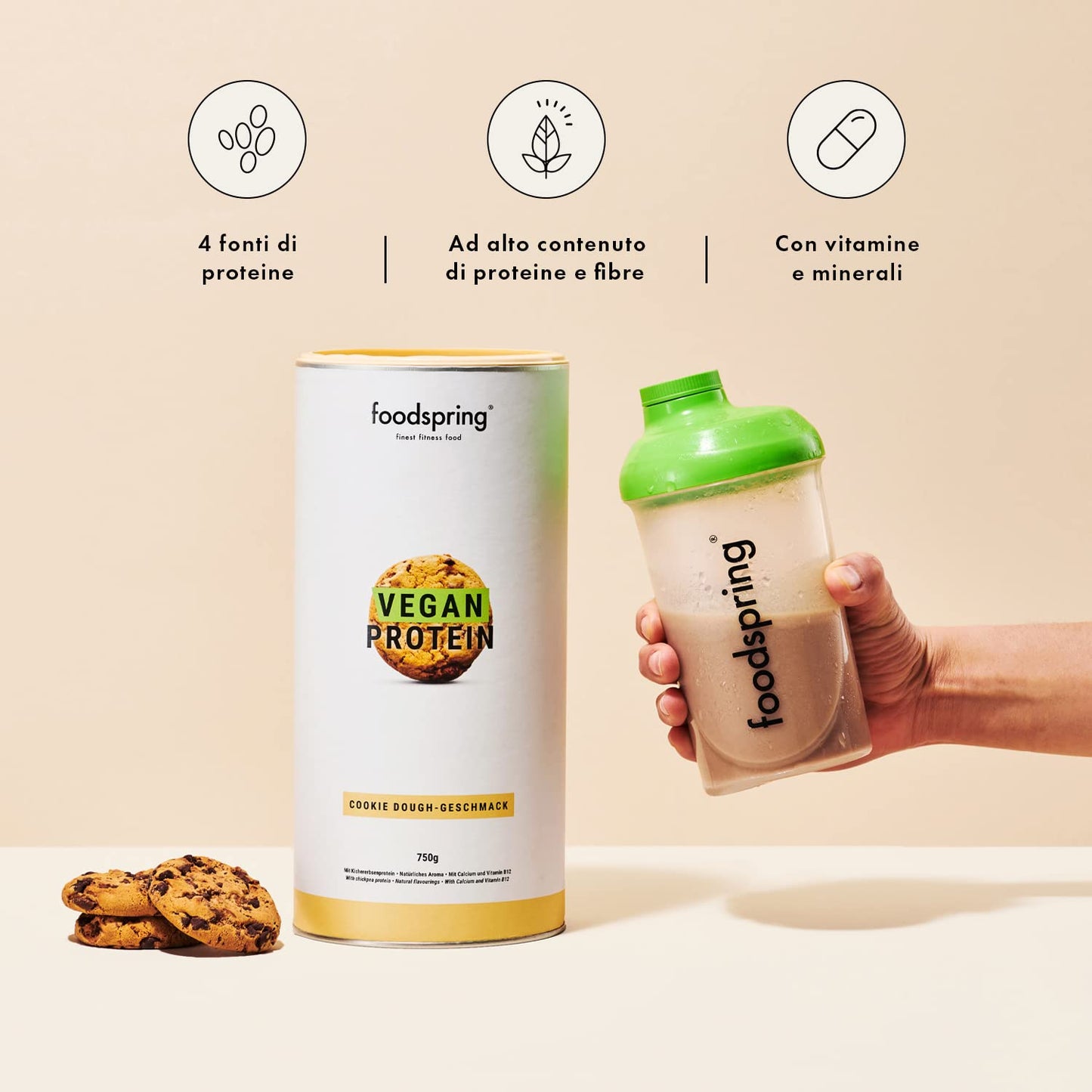 foodspring Proteine Vegane Cioccolato - 20g Proteine per Shake - Proteine Vegetali con B12, B6, acido folico, biotina, calcio e zinco - Senza Glutine e Soia