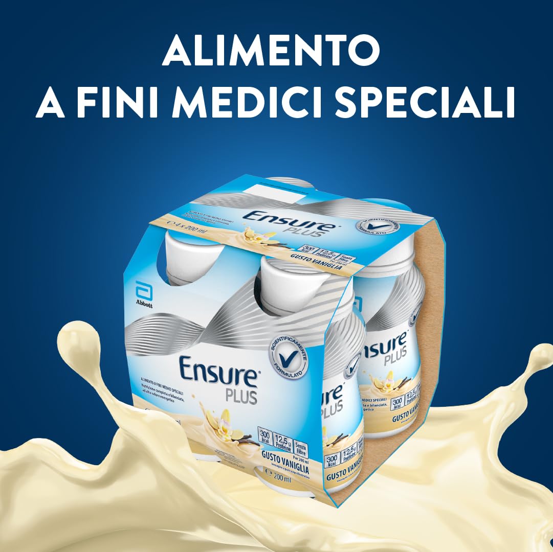 Ensure Plus Supplemento Nutrizionale Ipercalorico con Proteine, privo di Fibre |Formato bevanda| Alimento a fini medici speciali completo e bilanciato | Confezione 4x200ml Gusto Vaniglia