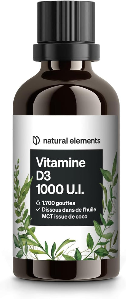 Vitamina D3 – 1000 I.U. per goccia – 50 ml (1750 gocce) – natural elements – In olio MCT di cocco – Integratore Vitamin D – Alto dosaggio, liquida