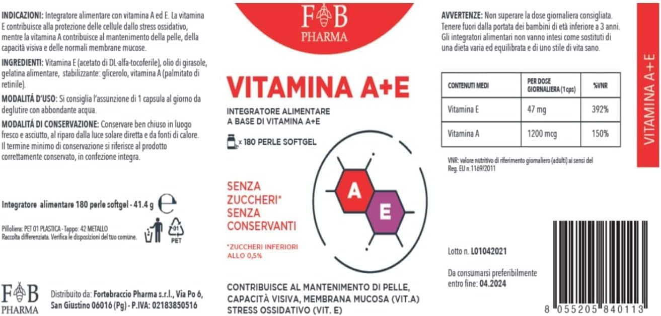 FB PHARMA - Integratore di VITAMINA A 1000mcg + VITAMINA E 47mg - 180 perle in SOFT GEL - per mantenimento VISTA, PELLE, CAPELLI normali - Formula studiata in Italia