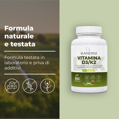 Bandini® Vitamina D3 K2 | 365 COMPRESSE (12 Mesi) | Vitamina D3 2000 UI + 200 mcg Vitamina K2 | K2 MK-7 99% All Trans (K2VITAL®) | Per Ossa, Denti, Muscoli, Articolazioni & Sistema Immunitario