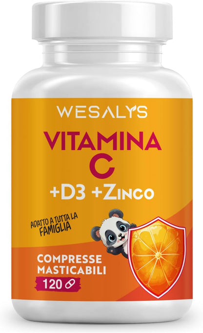 Vitamina C D Zinco, Masticabile gusto Arancia, per Bambini ed Adulti, Vitamina C 1000mg, Vitamina D3 2000 UI e Zinco 5mg in 2 cpr, WE Salus