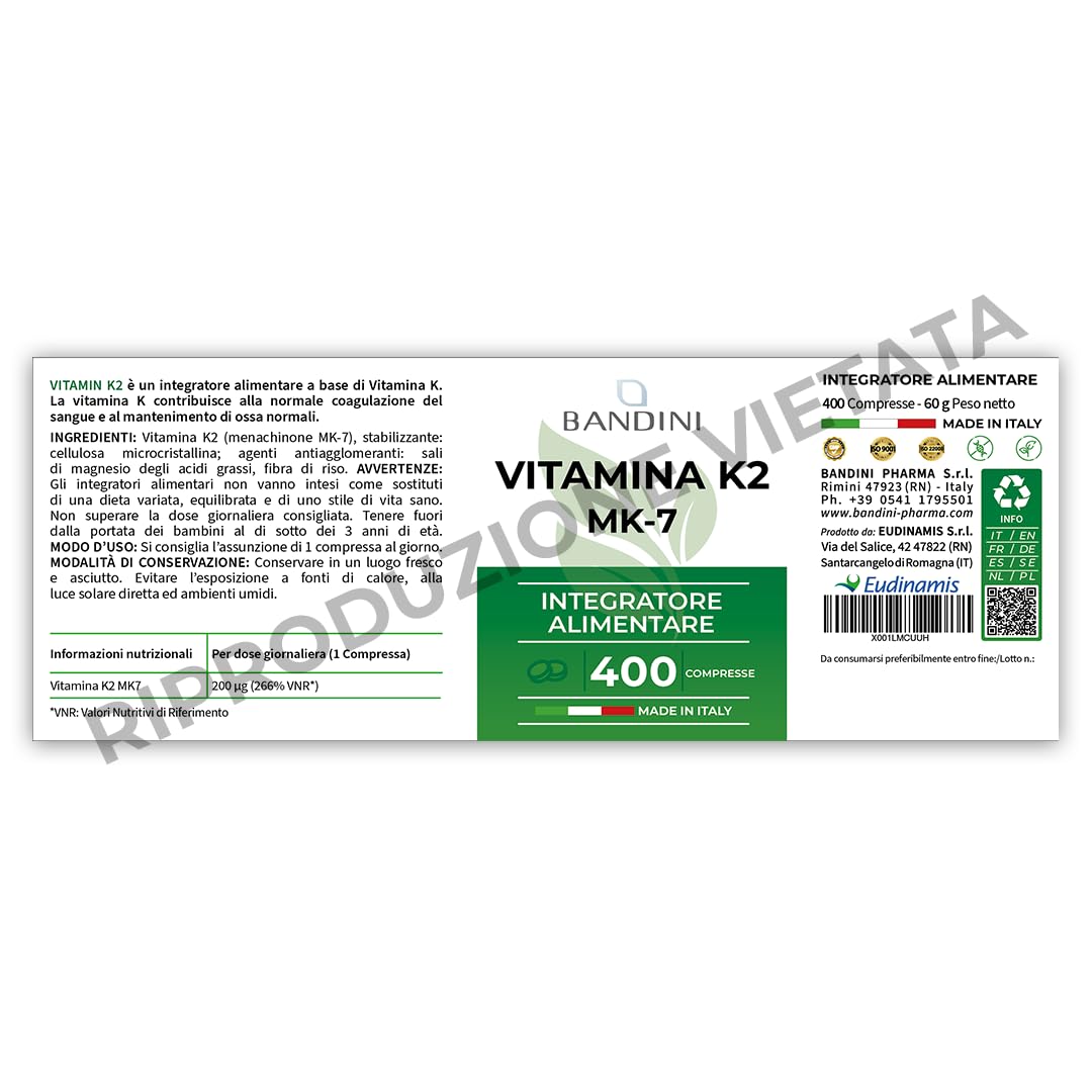 Bandini® Vitamina K2 MK7 200µg | 400 Compresse | Menachinone ad Alto Dosaggio | Vit K 2 MK-7 K2Vital® 200 mcg | Contribuisce al Mantenimento di Ossa Normali | 100% Vegan | Senza OGM | Qualità Italiana