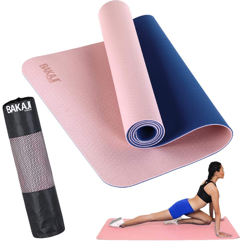 BAKAJI Tappetino Yoga in TPE Ecologioco Doppio Strato Antiscivolo Alta Densità Materassino Tappeto Allenamento Fitness Aerobica Palestra Ginnastica Dimensione 180 x 61 cm con Custodia