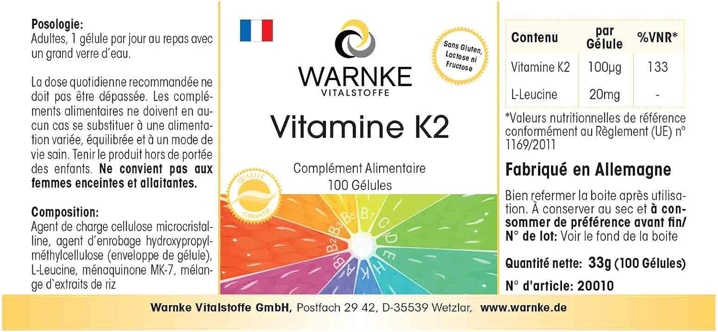 Vitamina K2 MK7 100 mcg (Menachinone naturale MK-7) - 100 capsule pure | Warnke Vitalstoffe - Qualità da farmacia tedesca