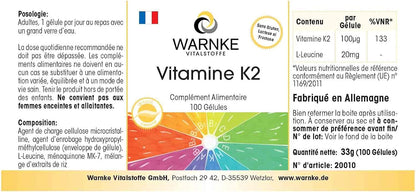 Vitamina K2 MK7 100 mcg (Menachinone naturale MK-7) - 100 capsule pure | Warnke Vitalstoffe - Qualità da farmacia tedesca