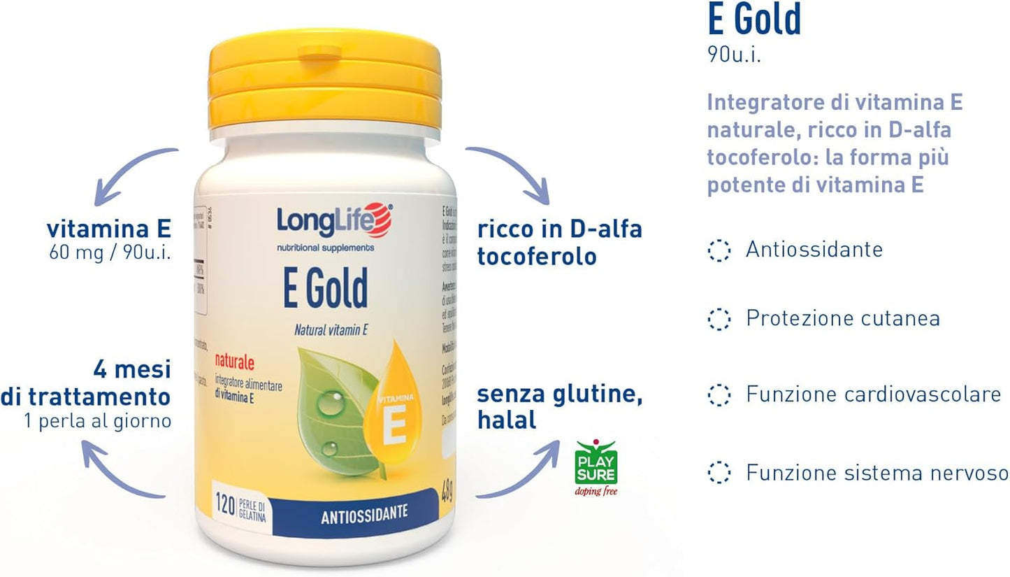 LongLife® E Gold 90u.i. | Vitamina E in forma di d-alfa-tocoferolo | Elevata attività biologica | Azione antiossidante | 3 mesi di trattamento | Senza glutine