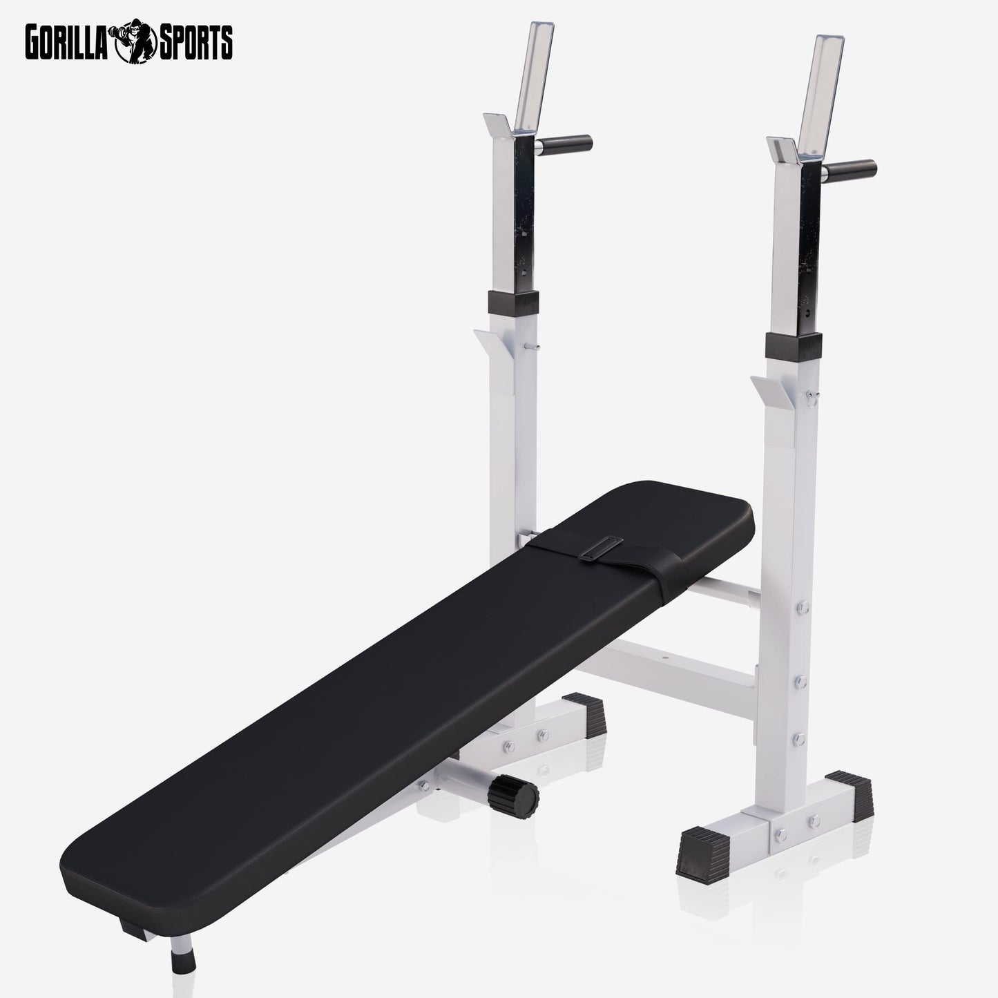 GORILLA SPORTS® Panca Pesi - con Porta Bilanciere, Regolabile e Pieghevole, Carico Max. 200kg, in Altezza, Nera/Bianca - Panca Piatta, Palestra, per Sollevamento, Multifunzione, Allenamento, Fitness