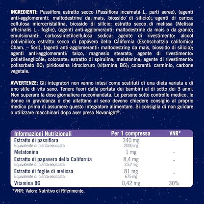 Novanight Tripla Azione Melatonina per Dormire, Integratori per Dormire, Disturbi del Sonno - Senza Glutine, con Melatonina, Escolzia, Passiflora, Melissa. Non Induce Dipendenza (70 Compresse)