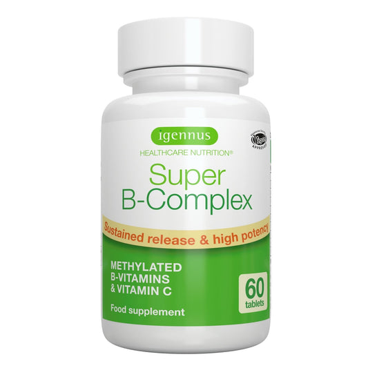 Super B - Vitamina B Complex ad Alto Assorbimento e Rilascio Prolungato,B1,B2,B3,B5 B6,B12, Biotina, Folato e Vitamina C - 60 Compresse Vegane – Igennus