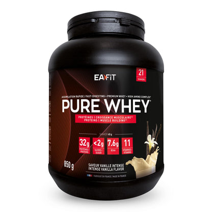 Proteine Whey Pure Whey EAFIT, 850g, Proteine in Polvere del Siero del Latte, Gusto Intense Vaniglia, Aminoacidi ed Enzimi Digestivi, Proteine Massa Muscolare, Assimilazione Rapida, Whey Protein