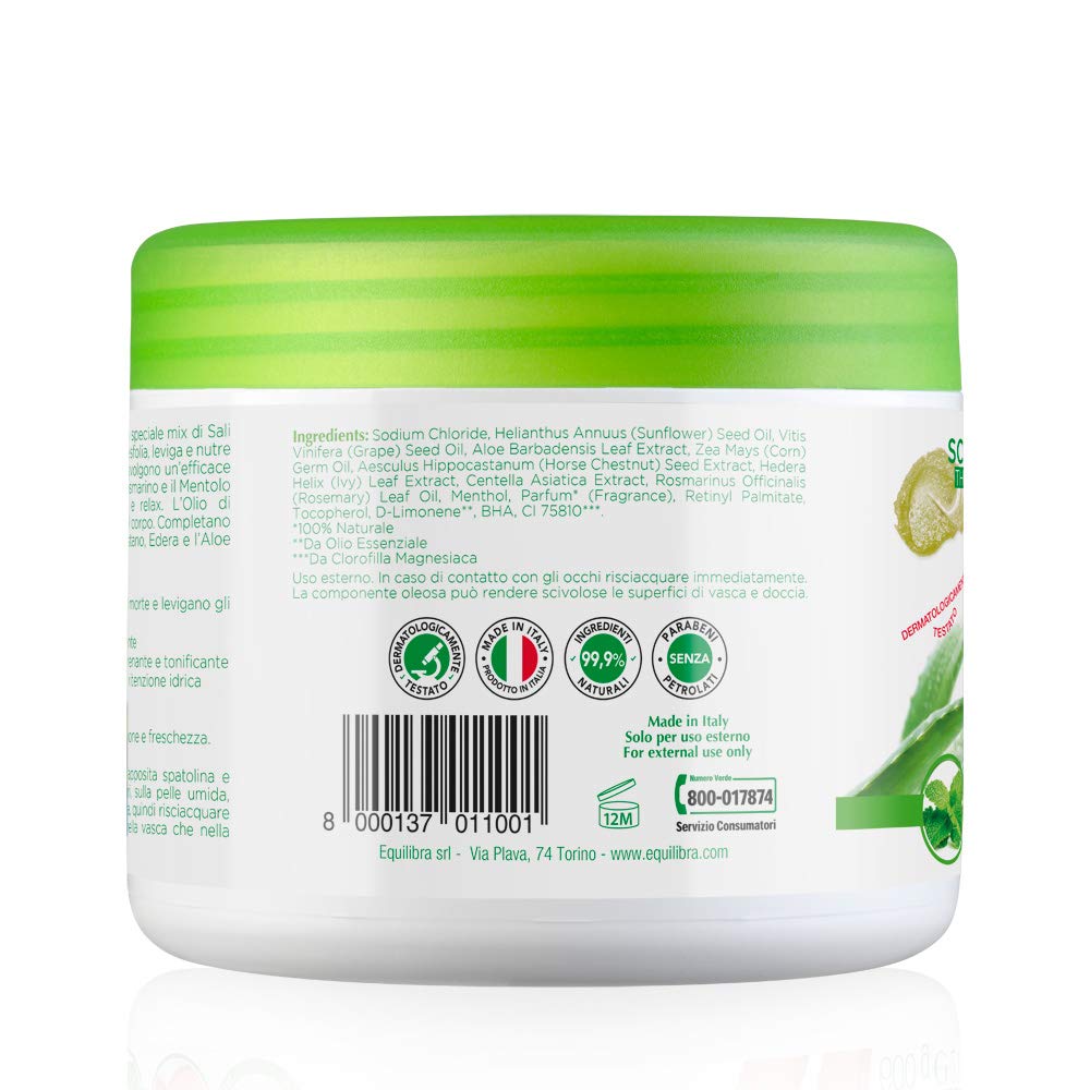 equilibra Scrub Salino Corpo Rimodellante, Esfoliante, 600 g, con Sale Salgemma di Sicilia Purissimo ad Azione Antiacqua e Aloe Vera, Oli Naturali ed Estratti Vegetali, Leviga e Nutre la Pelle